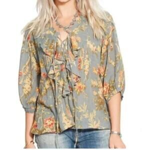 Denim & Supply Ralph Lauren Avery Swing Floral Blouse Boho Ruffle (XS)Dusty Blue